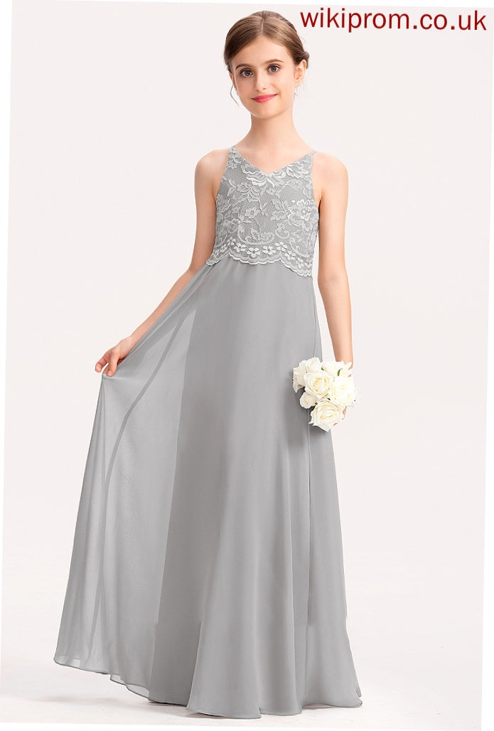 A-Line Junior Bridesmaid Dresses Lace Addyson Floor-Length Chiffon V-neck