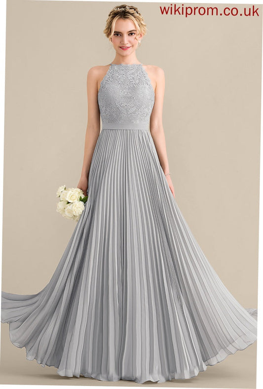 Lace Floor-Length Prom Dresses A-Line Scoop Cecelia Pleated Chiffon With