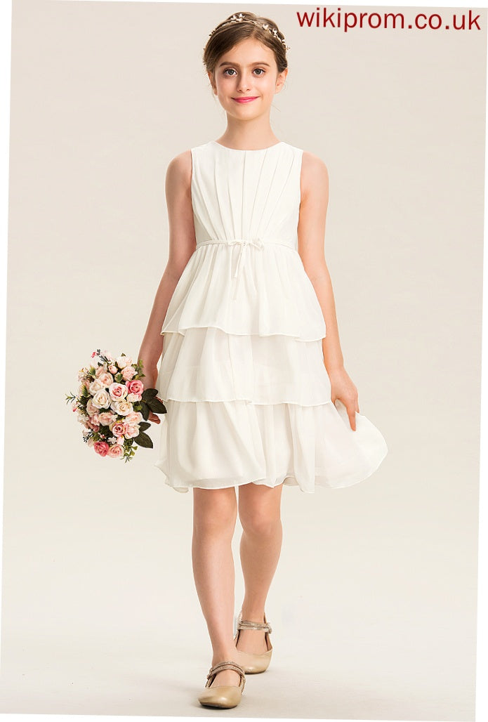 Scoop Junior Bridesmaid Dresses Cascading A-Line Bow(s) Chiffon Ruffles Undine With Knee-Length Neck