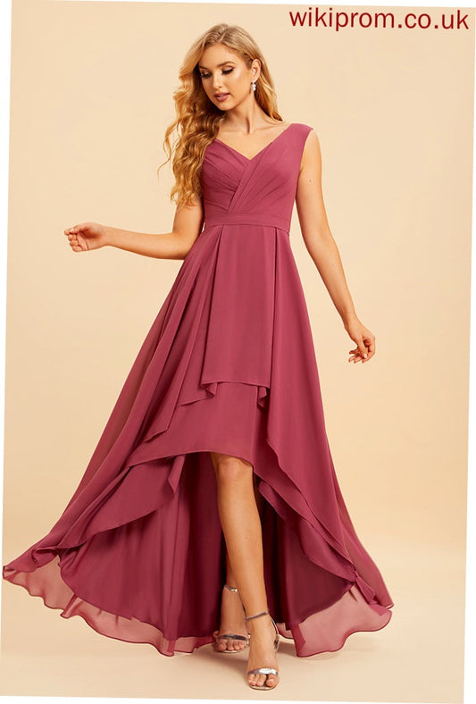 Silhouette Fabric Ruffle Asymmetrical A-Line V-neck Length Embellishment Neckline Nora Natural Waist Spaghetti Staps Bridesmaid Dresses