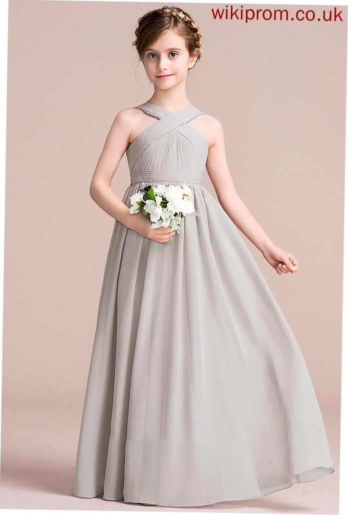 Ruffle Junior Bridesmaid Dresses A-Line Bow(s) Hailee Floor-Length With V-neck Chiffon