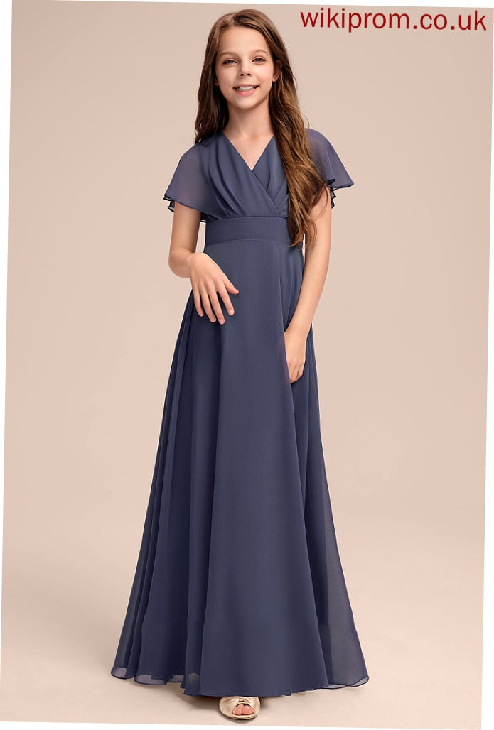 Junior Bridesmaid Dresses With Ruffle V-neck Bow(s) Chiffon Giselle A-Line Floor-Length