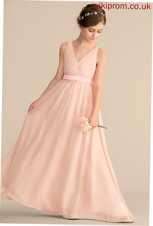 V-neck A-Line Jaylah Chiffon With Junior Bridesmaid Dresses Floor-Length Ruffle Bow(s)