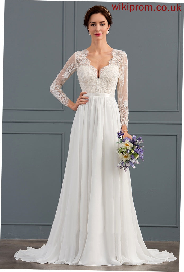 Chiffon Sweep A-Line Wedding Dresses Train V-neck Wedding Christine Sequins Beading Lace With Dress