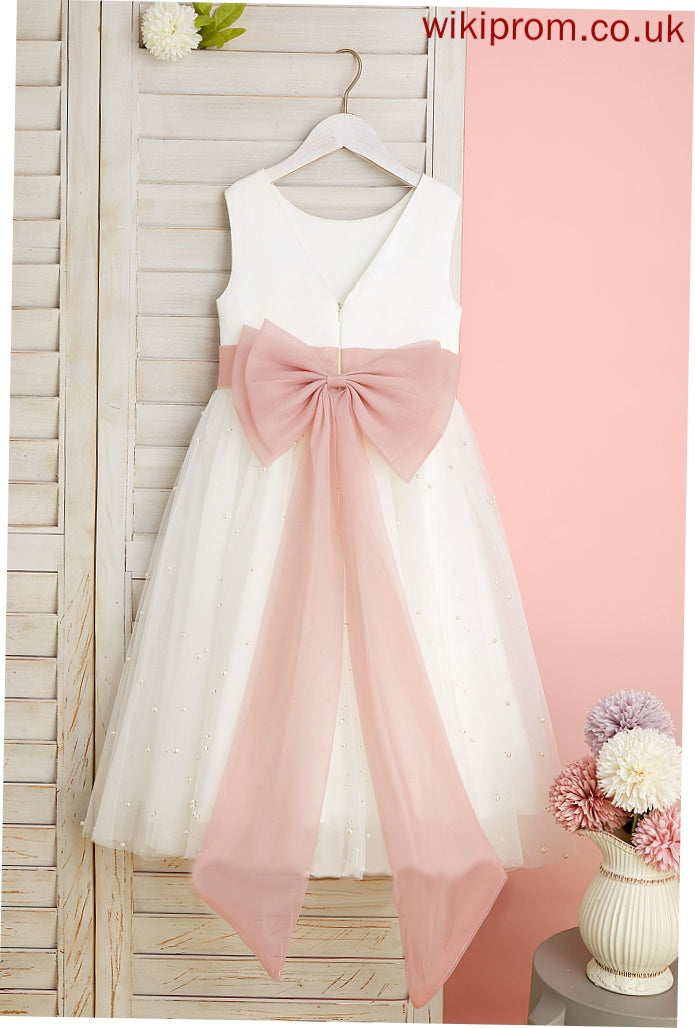 Dress Back - Satin/Tulle Cassidy Tea-length Neck Flower Girl Sleeveless Scoop Flower Girl Dresses With Sash/Bow(s)/V A-Line