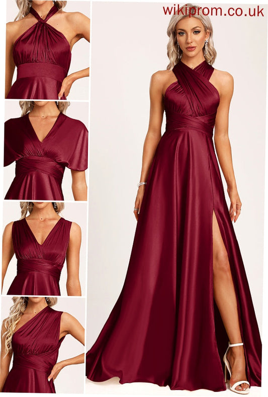 Straps&Sleeves Halter V-neck One-Shoulder Neckline Floor-Length Length Fabric A-Line Silhouette Satin Evangeline Bridesmaid Dresses