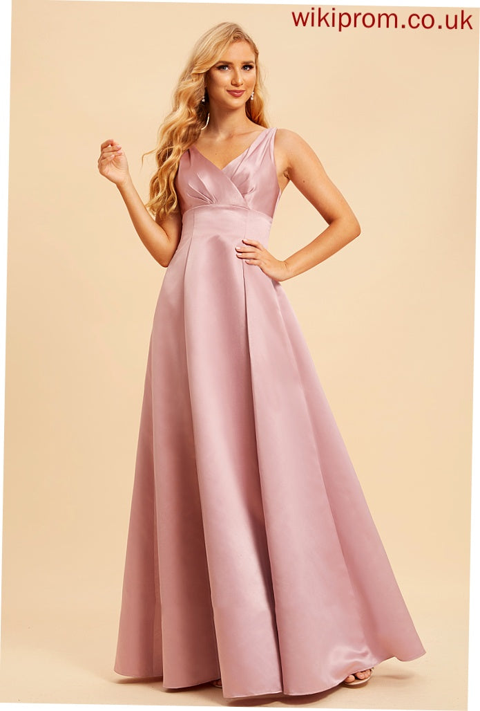 Fabric Satin V-neck Straps A-Line Neckline Silhouette Length Floor-Length Cecelia Sleeveless A-Line/Princess Bridesmaid Dresses