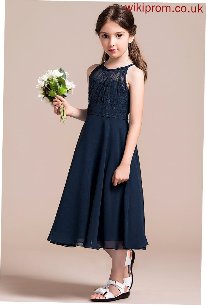 Chiffon With Ruffle A-Line Lace Neck Junior Bridesmaid Dresses Tea-Length Daniella Scoop