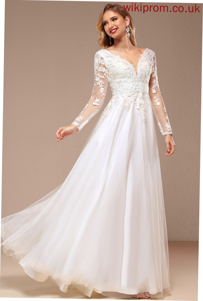 Tulle Sequins A-Line With Wedding Lily Floor-Length Wedding Dresses Beading V-neck Dress Lace