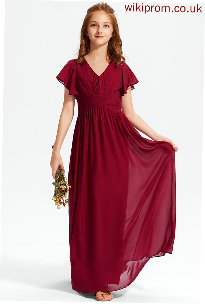 Junior Bridesmaid Dresses V-neck Ruffle A-Line Chiffon Kamila With Floor-Length