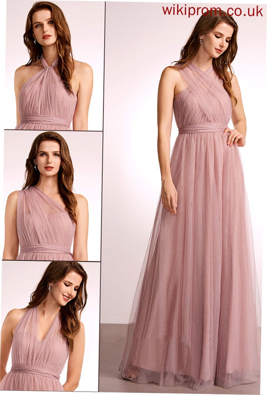 Tulle Silhouette One-Shoulder Off-the-Shoulder Neckline Floor-Length Fabric A-Line Straps Length V-neck Carlie Bridesmaid Dresses