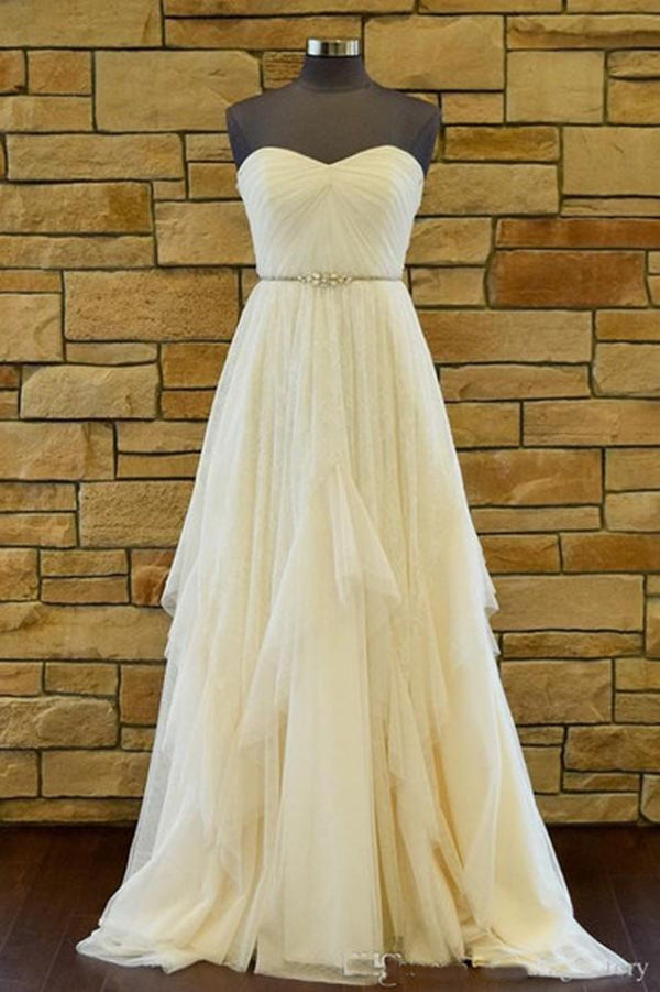 Sweetheart Strapless Court Train A Line Backless Ruffles Wedding Dresses