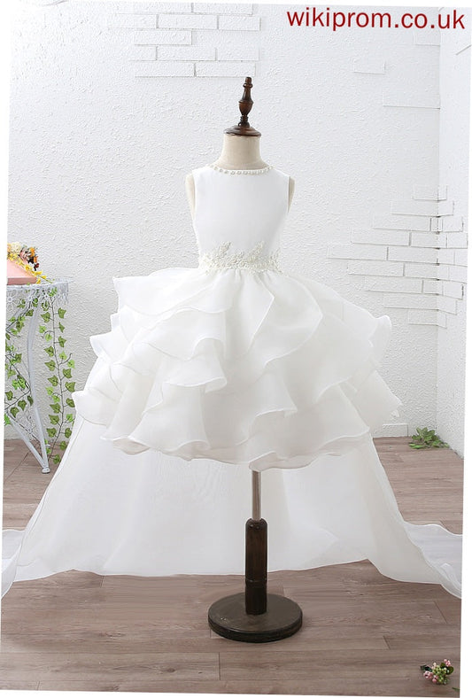 Organza/Satin Dress Girl Scoop Train - Ball-Gown/Princess Flower Girl Dresses Flower Sleeveless Ruffles/Beading/Appliques With Court Kamora Neck