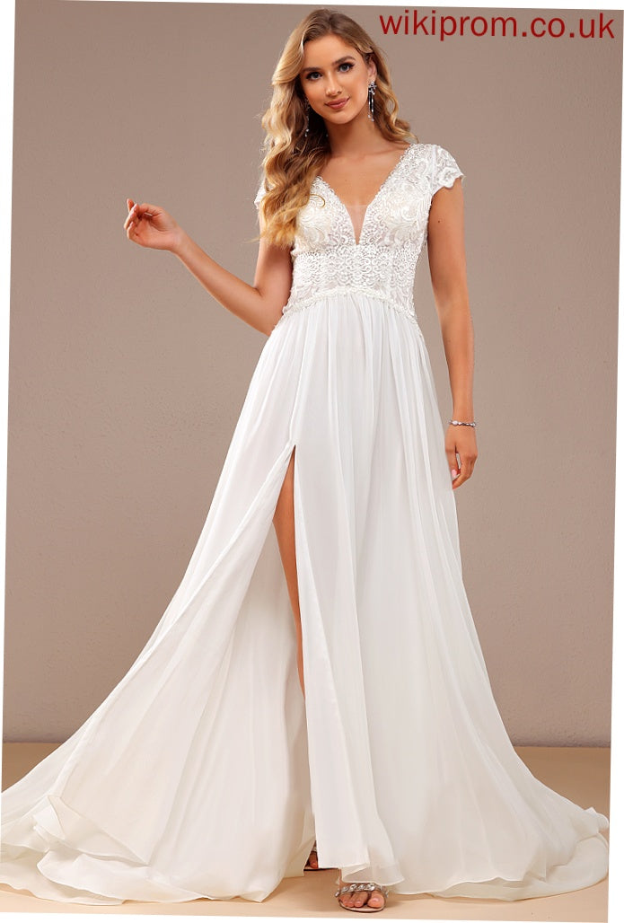 Sweep V-neck Jaelynn Wedding Train Lace Dress A-Line Split With Chiffon Wedding Dresses Front Lace