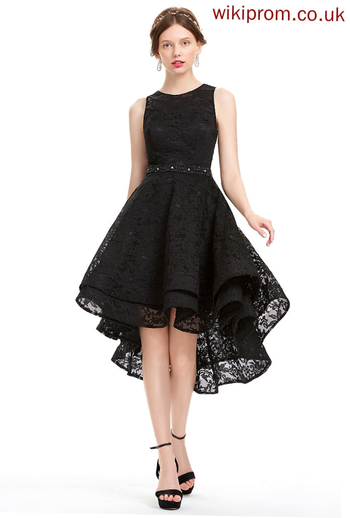 A-Line Asymmetrical Scoop Lace Kimora Beading Lace Homecoming Dresses Neck With Homecoming Dress