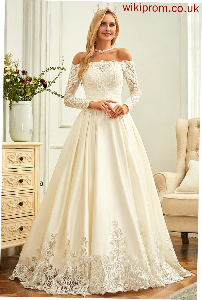 With Beading Off-the-Shoulder Wedding Dresses Dress Lace Satin Ball-Gown/Princess Wedding Sweep Elaina Sequins Train