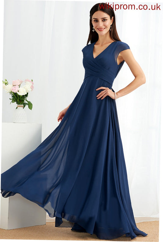 A-Line Ruffle Length Fabric V-neck Floor-Length Embellishment Silhouette Neckline Tia Natural Waist Sleeveless Bridesmaid Dresses