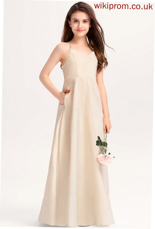 Junior Bridesmaid Dresses With Pockets Janessa A-Line Satin Floor-Length V-neck