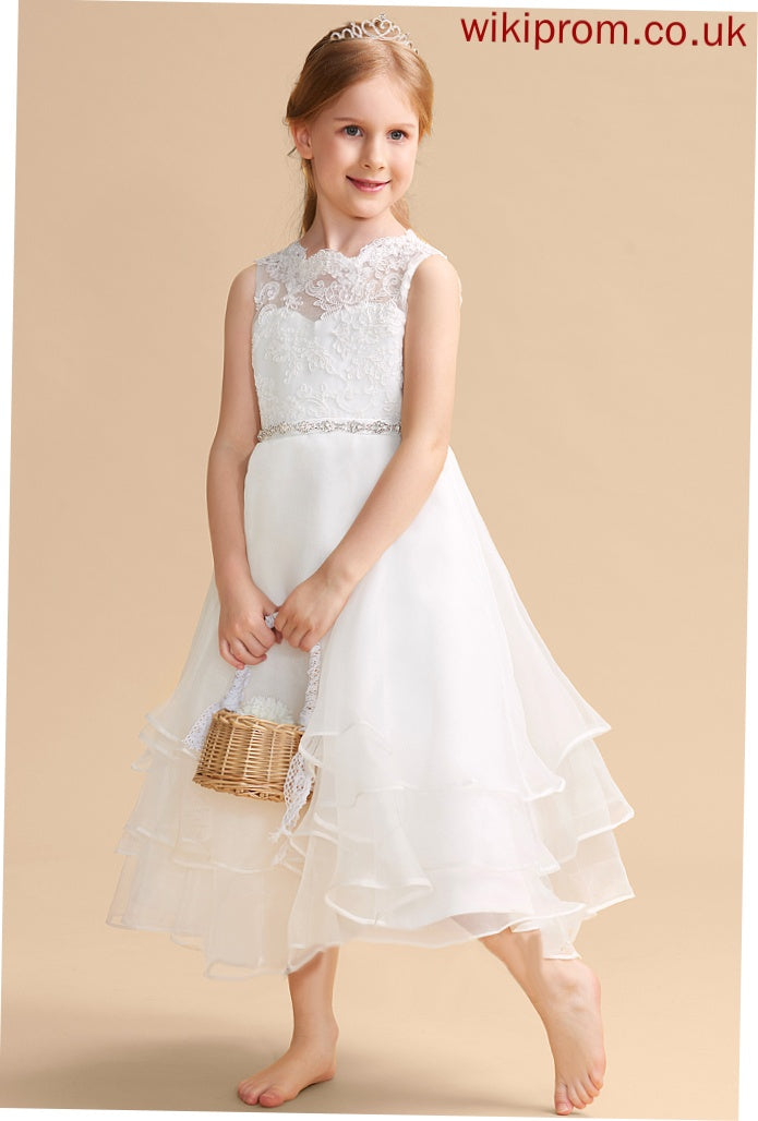 Tea-length Scoop A-Line Beading/Rhinestone Flower Girl Dresses Sleeveless Neck - Flower With Organza/Lace Leah Dress Girl