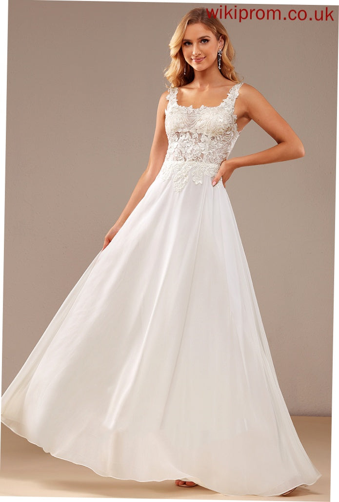 A-Line Floor-Length Chiffon Sequins Wedding Dresses Jaelynn Dress Lace Neckline Square With Lace Wedding