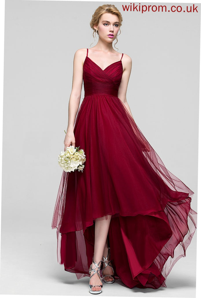 Silhouette Fabric Length Neckline V-neck A-Line Asymmetrical Embellishment Ruffle Mary Floor Length A-Line/Princess Bridesmaid Dresses