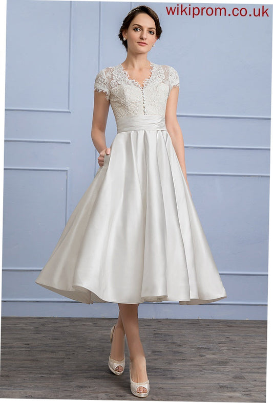 Wedding Tea-Length Sadie Satin Dress Wedding Dresses V-neck A-Line Ruffle With Lace