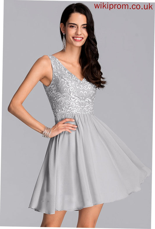 Evie Chiffon Homecoming Dresses Homecoming With Sequins Short/Mini Dress V-neck A-Line Lace