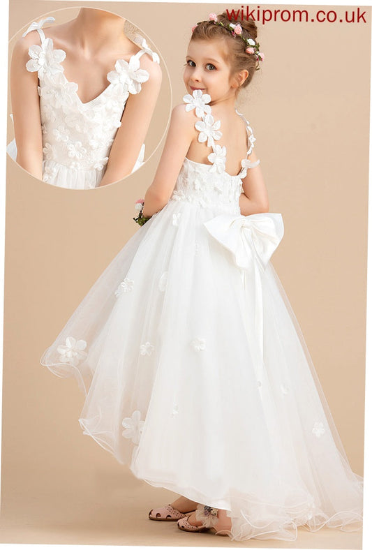 Dress Ball-Gown/Princess Bella V-neck - With Girl Flower Girl Dresses Tulle Sleeveless Asymmetrical Flower Beading/Flower(s)/Bow(s)