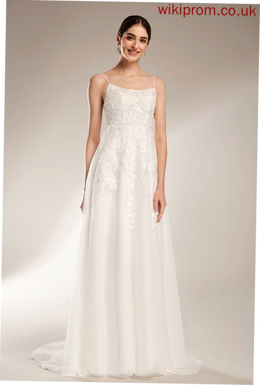 Court Sequins Train Coral Square A-Line Dress With Neckline Wedding Dresses Wedding Lace Tulle Beading