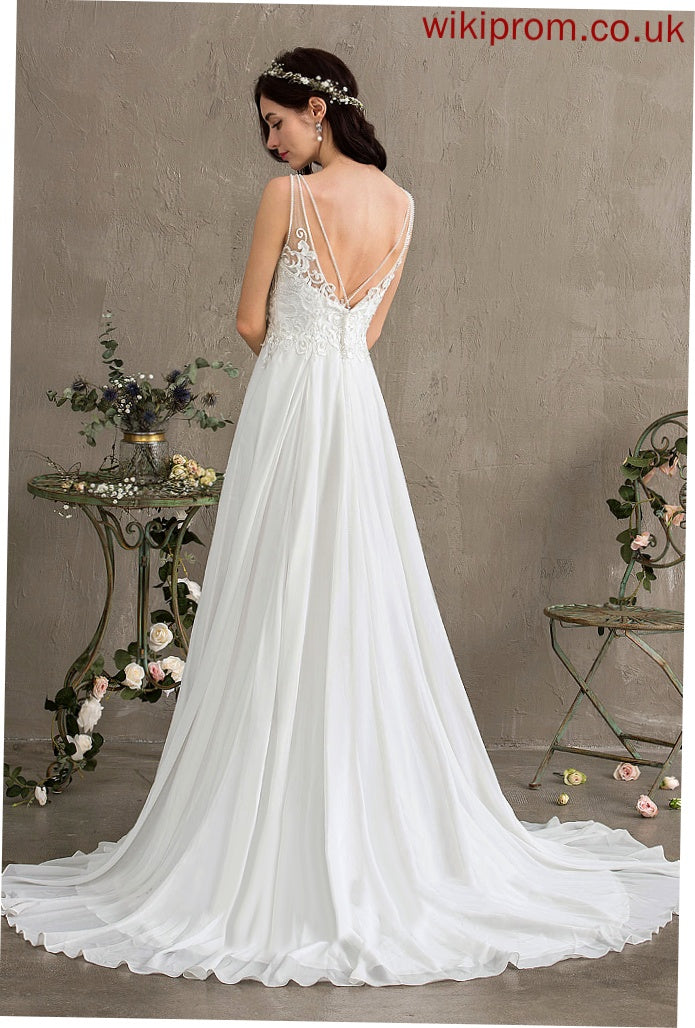 Chiffon Split Train With Wedding Dresses Beading Sweep Cierra A-Line Sequins Wedding Front Dress V-neck Lace