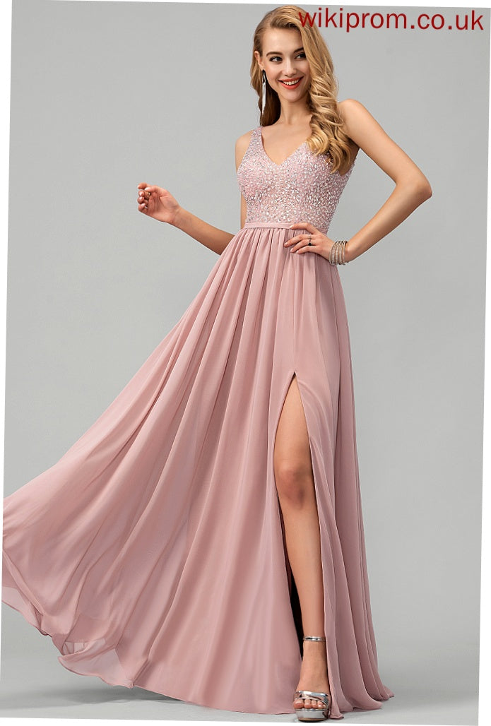 Sequins Floor-Length Hillary V-neck Chiffon A-Line With Beading Prom Dresses