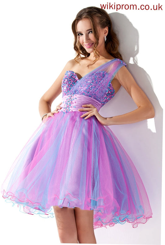 A-Line With One-Shoulder Short/Mini Beading Homecoming Dresses Tulle Sequins Homecoming Ruffle Dress Nathaly