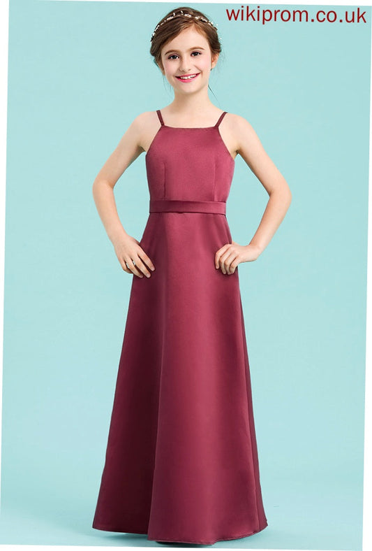 Floor-Length Bow(s) Satin With A-Line Junior Bridesmaid Dresses Neckline Amber Square