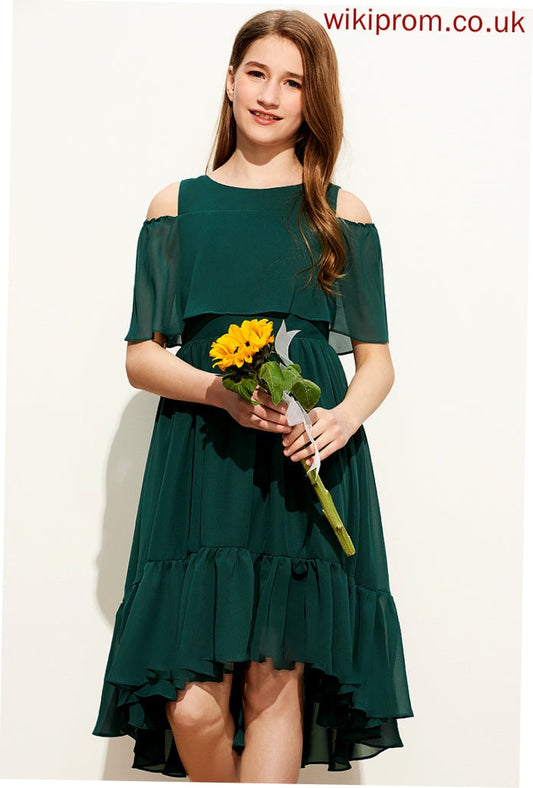 A-Line Elisabeth Asymmetrical Ruffles Junior Bridesmaid Dresses Scoop With Cascading Chiffon Neck