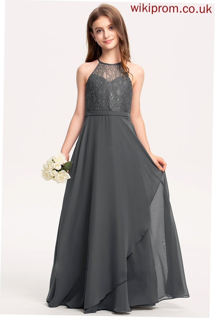 A-Line Scoop Chiffon With Junior Bridesmaid Dresses Lace Germaine Ruffles Cascading Neck Floor-Length