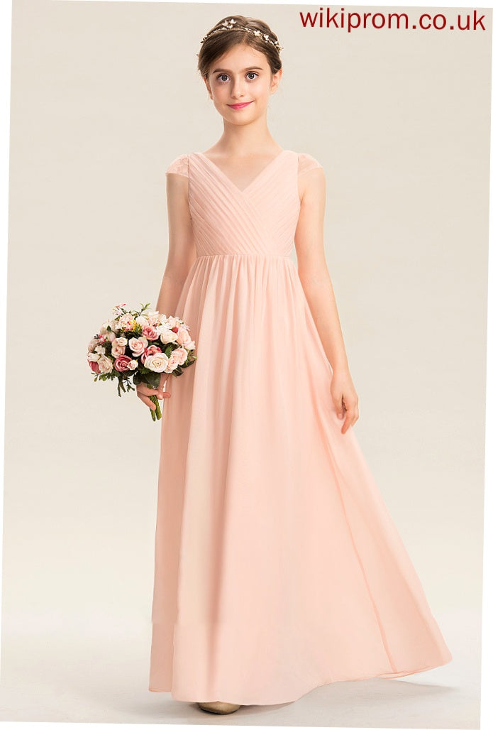 Floor-Length Ruffle With Junior Bridesmaid Dresses Hadassah Chiffon V-neck Lace A-Line