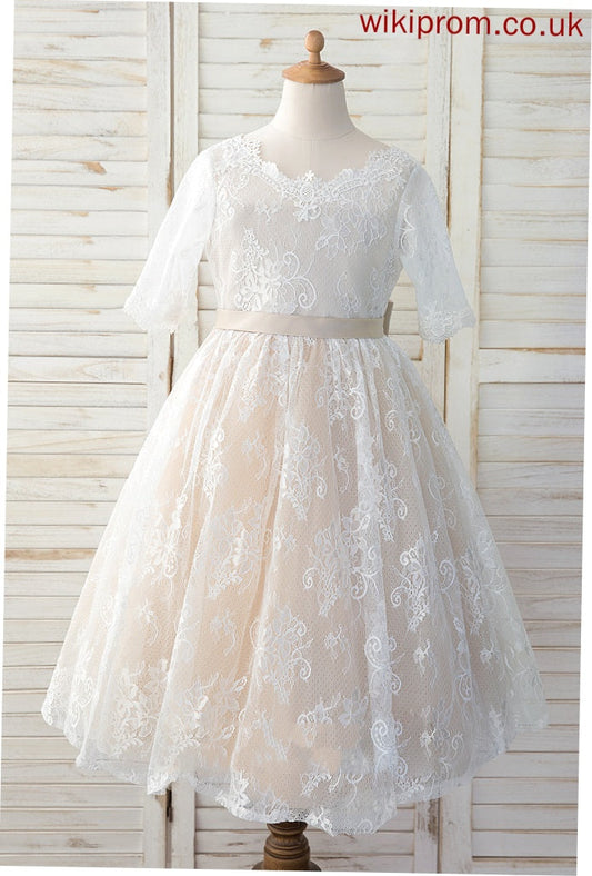 Dress Tea-length Bow(s) Flower Girl Dresses Sleeves Girl Neck Flower With Makaila A-Line - 3/4 Tulle/Lace Scoop