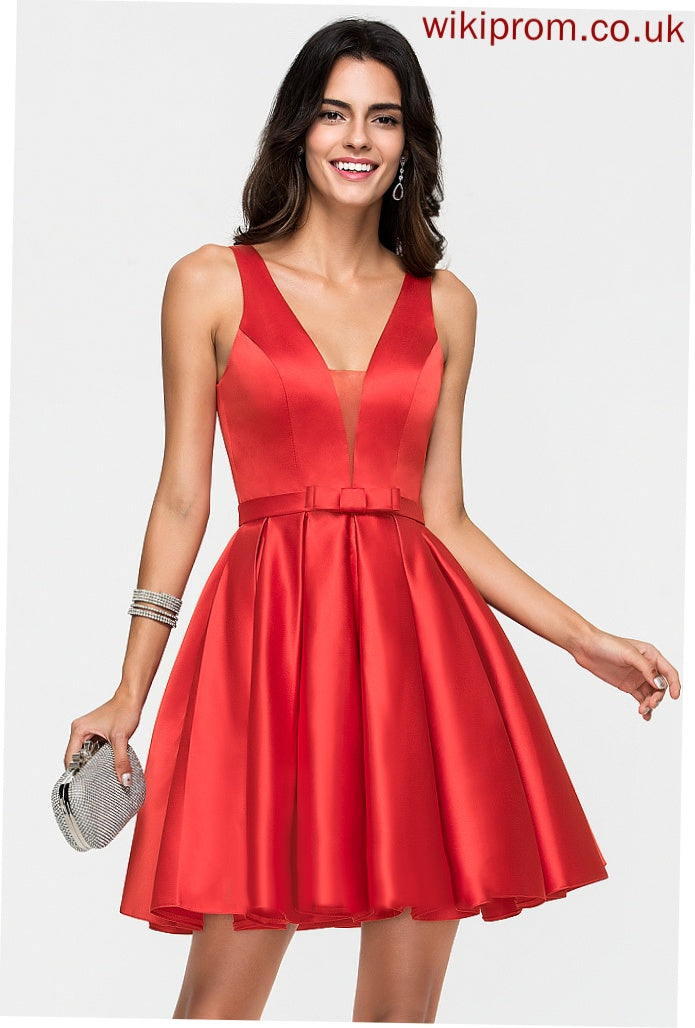 Satin Dress Bow(s) V-neck A-Line With Short/Mini Homecoming Homecoming Dresses Amira