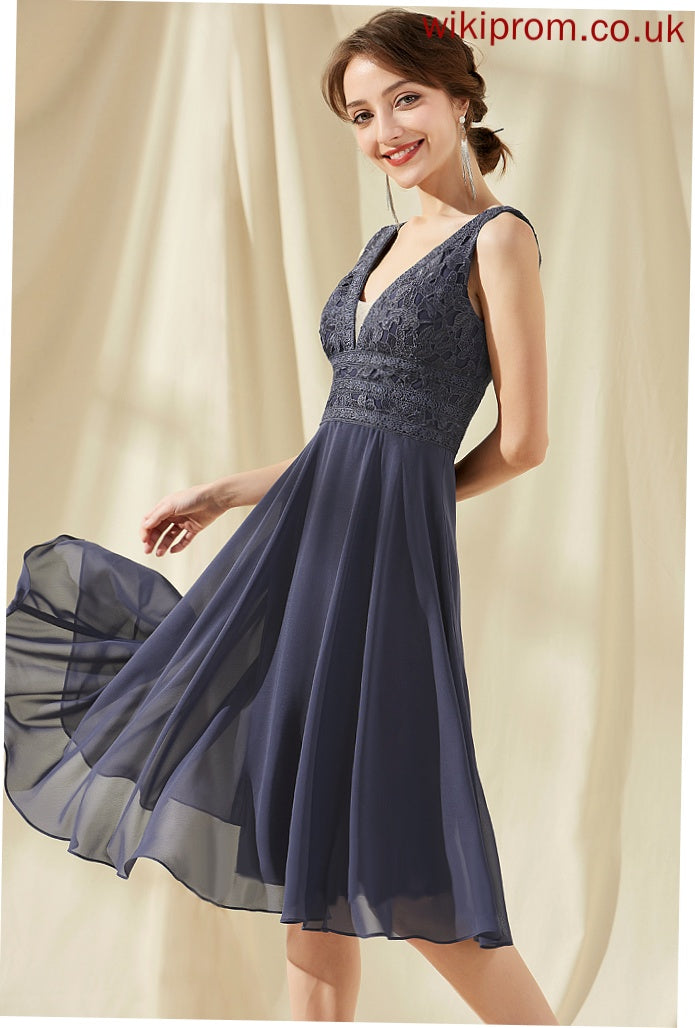 V-neck Chiffon Mariam Lace Knee-Length Dress Homecoming Dresses A-Line Homecoming