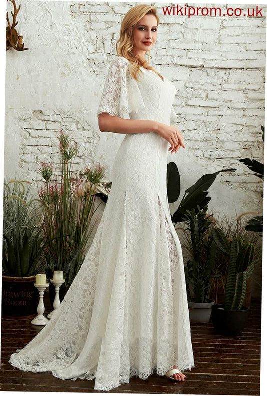 Wedding Dresses Sweep Lace Dress With Train Sheath/Column V-neck Split Front Paris Wedding