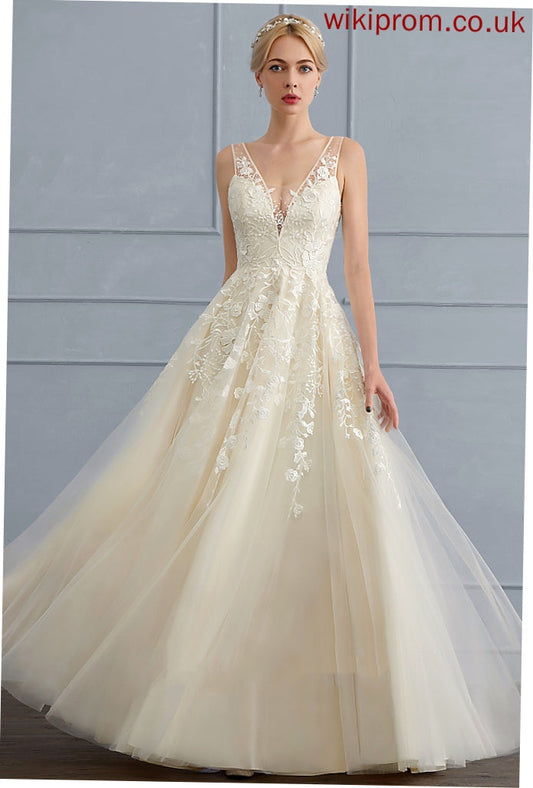 Beading With A-Line Tulle Wedding Dresses Sequins V-neck Wedding Floor-Length Shelby Lace Dress