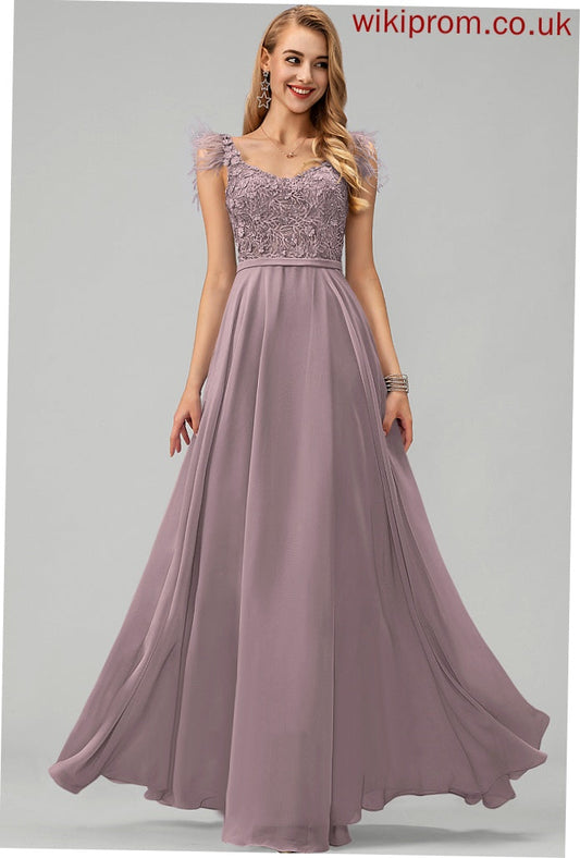 Sequins Chiffon Flower(s) A-Line V-neck Floor-Length Beading Feather Prom Dresses Jaelyn With