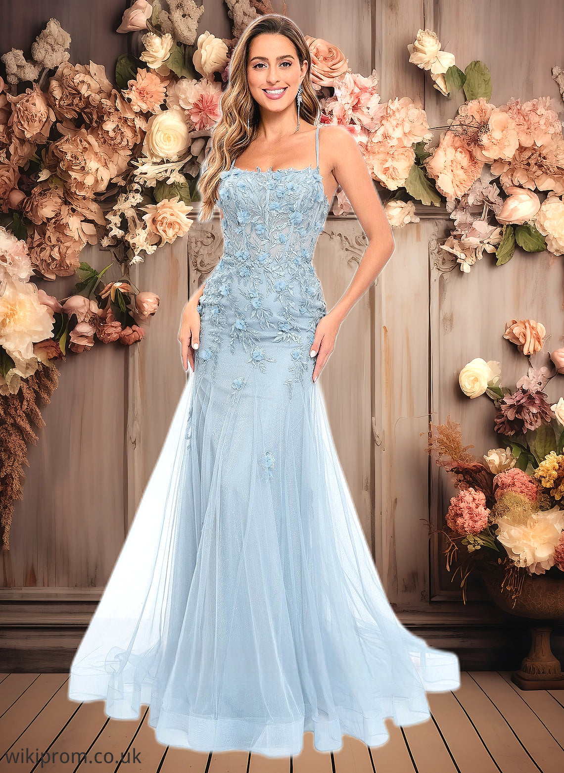 Britney Trumpet/Mermaid Straight Sweep Train Tulle Prom Dresses With Flower SWKP0025866