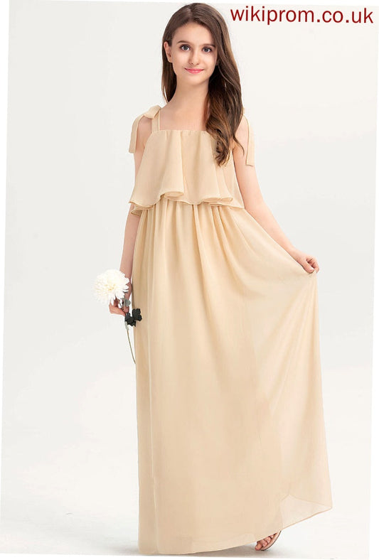 With Chiffon Ruffles Neckline Kendall Square Floor-Length Cascading Junior Bridesmaid Dresses Bow(s) A-Line