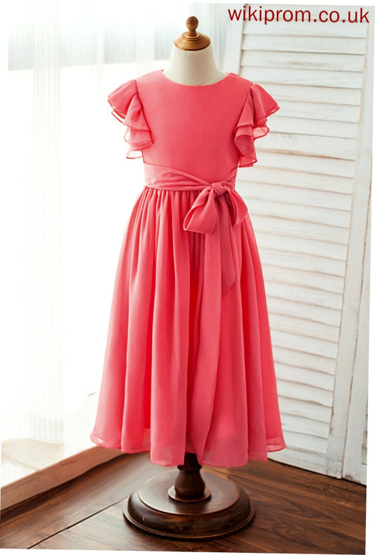 Girl Ankle-length - With Chiffon Sleeves Sash Flower Neck A-Line/Princess Dress Short Flower Girl Dresses Scoop Miriam