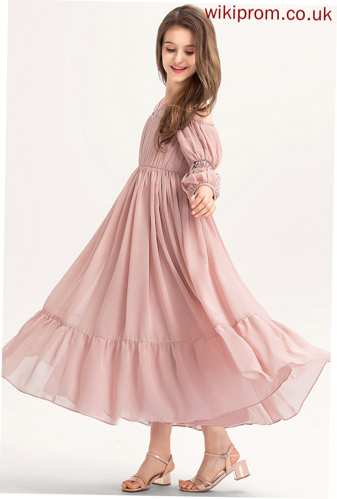 With Junior Bridesmaid Dresses Ruffle Lace Gabriela Chiffon A-Line Ankle-Length Square Neckline