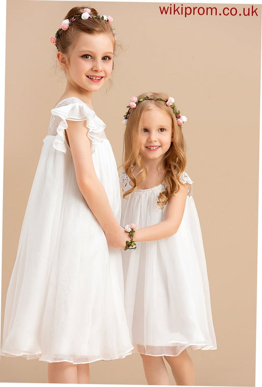 Knee-length Neck Flower Girl Dresses A-Line With Lace Scoop - Sleeves Short Girl Flower Gisselle Chiffon Dress