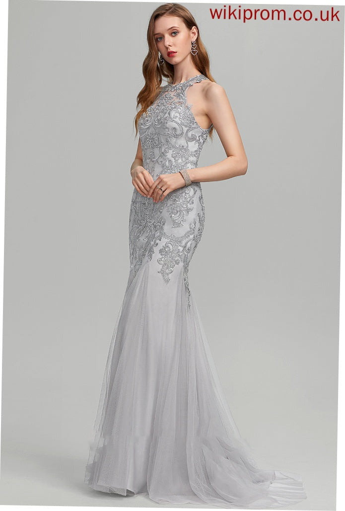 Sweep Scoop Neck Trumpet/Mermaid Sequins With Tulle Train Jaylene Prom Dresses