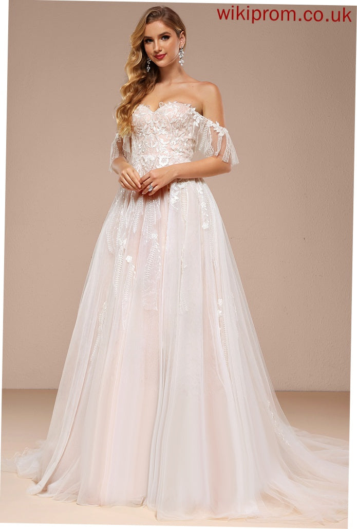 Dress Tulle Off-the-Shoulder Ball-Gown/Princess Erika Sequins Train Ruffle Lace Wedding Sweetheart Wedding Dresses With Court