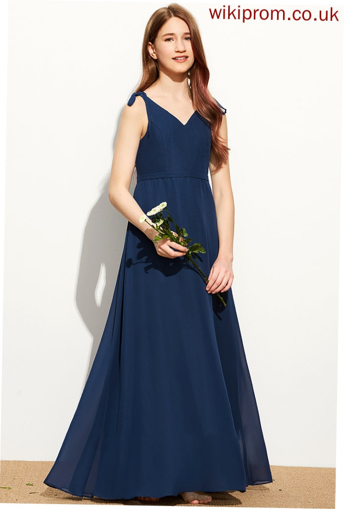 With Cameron Chiffon V-neck A-Line Bow(s) Junior Bridesmaid Dresses Floor-Length